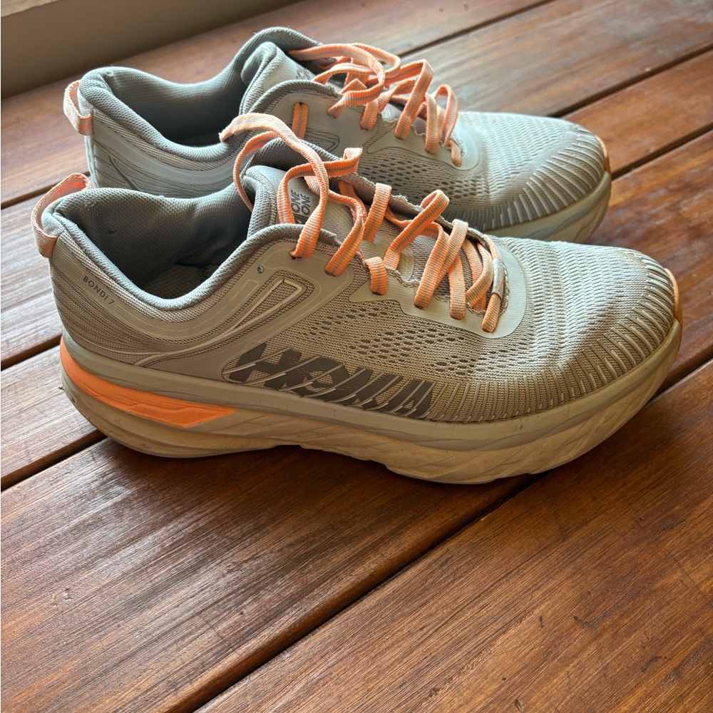 Hoka Light Gray and Orange Athletic Shoes